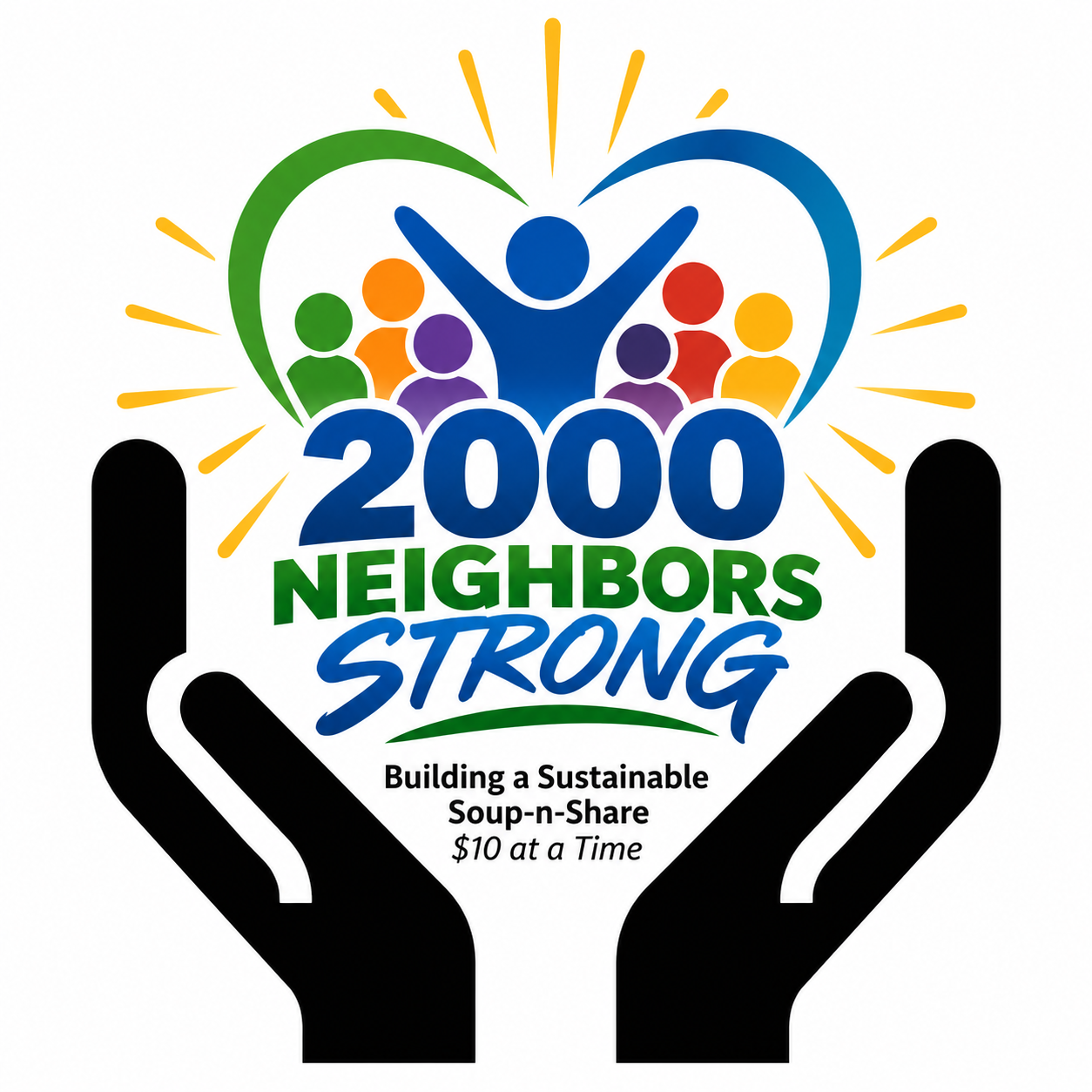 The 2,000 Neighbors Strong campaign emblem held by caring hands
